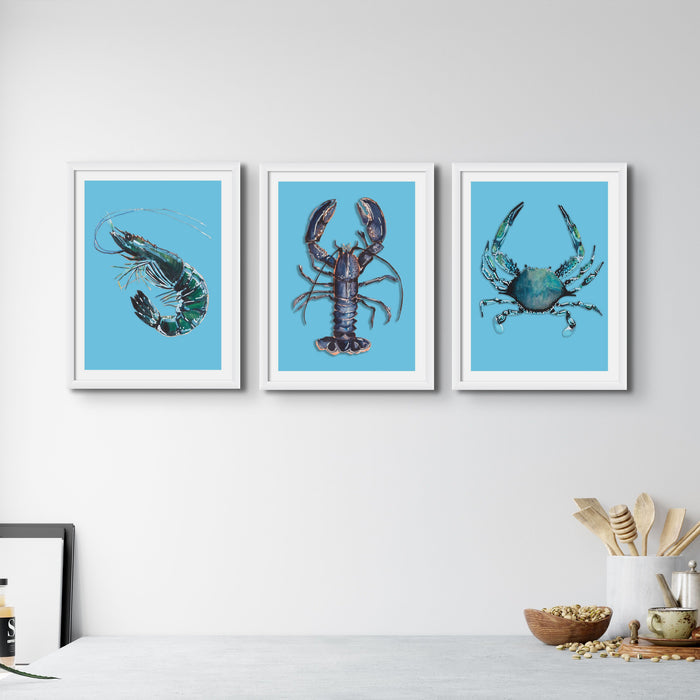 Crab Art Print |Colourful Kitchen Wall Art | Crab Painting on Blue - Framed