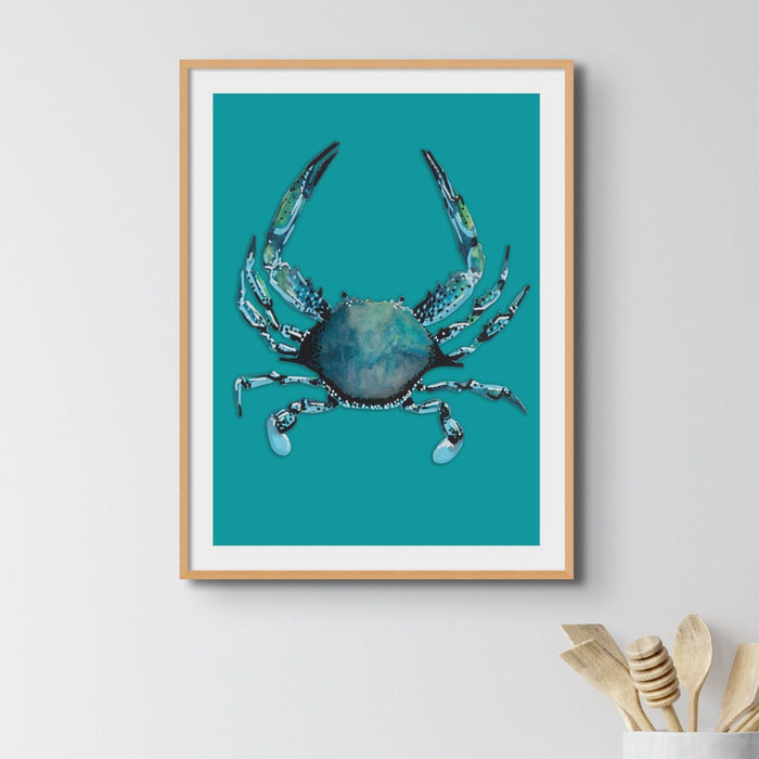 Crab Print | Colourful Kitchen Wall Art | Crab Painting on Green Background - Unframed