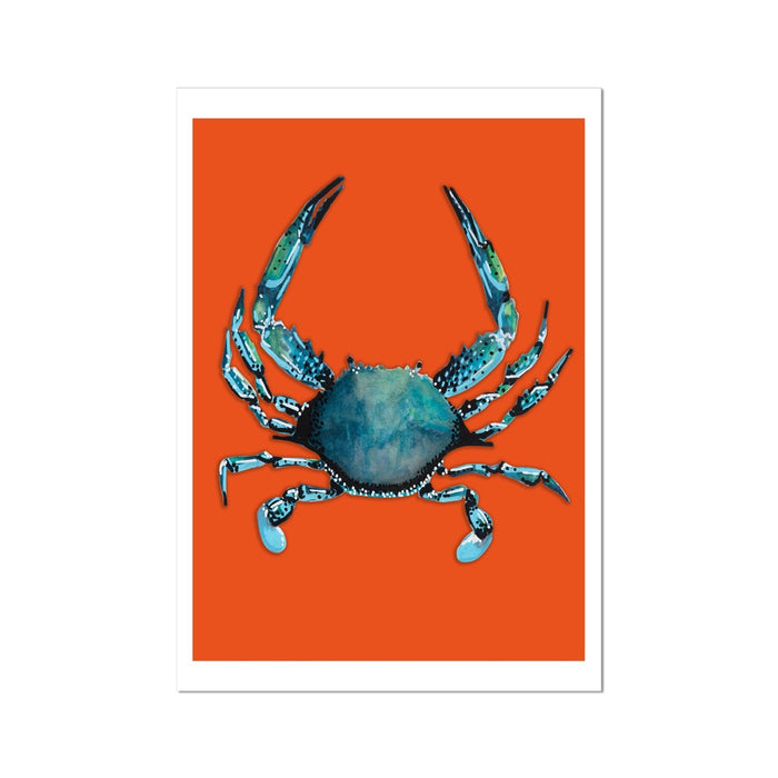 A painting of a crab with blue and turquoise colours on its body against an orange background, presented as a wall print.