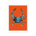 A painting of a crab with blue and turquoise colours on its body against an orange background, presented as a wall print.