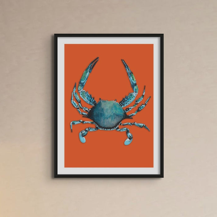 A crab painting framed on wall
