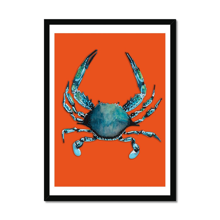 Framed artwork of a blue crab on an orange background.