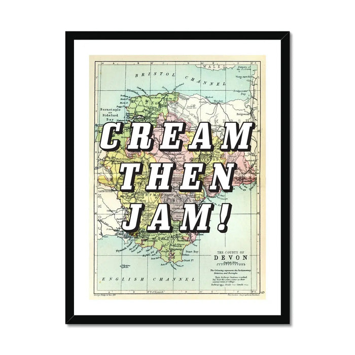 Cream Then Jam! (Devon Map) Vintage Map Art - Framed - Beach House Art