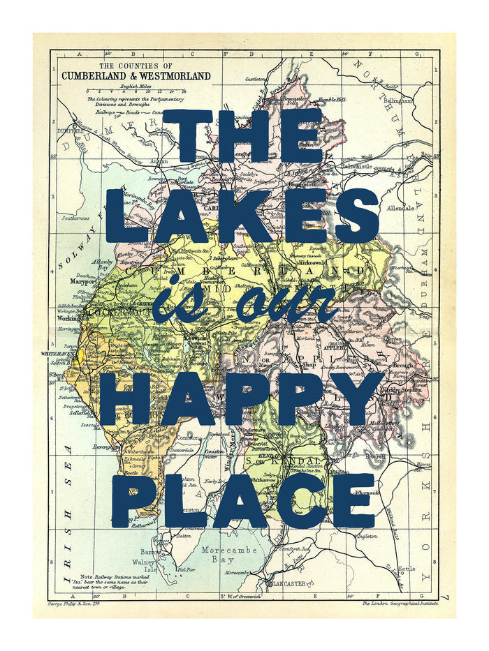 Custom map print of The Lakes with pop art text over the top.