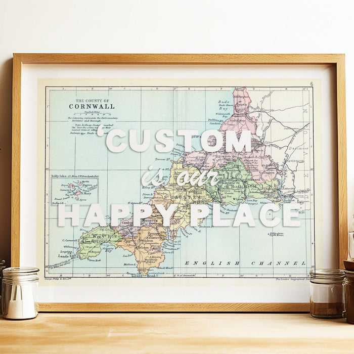 Custom map print for any location with 'Custom is our Happy Place' text on a wooden surface.
