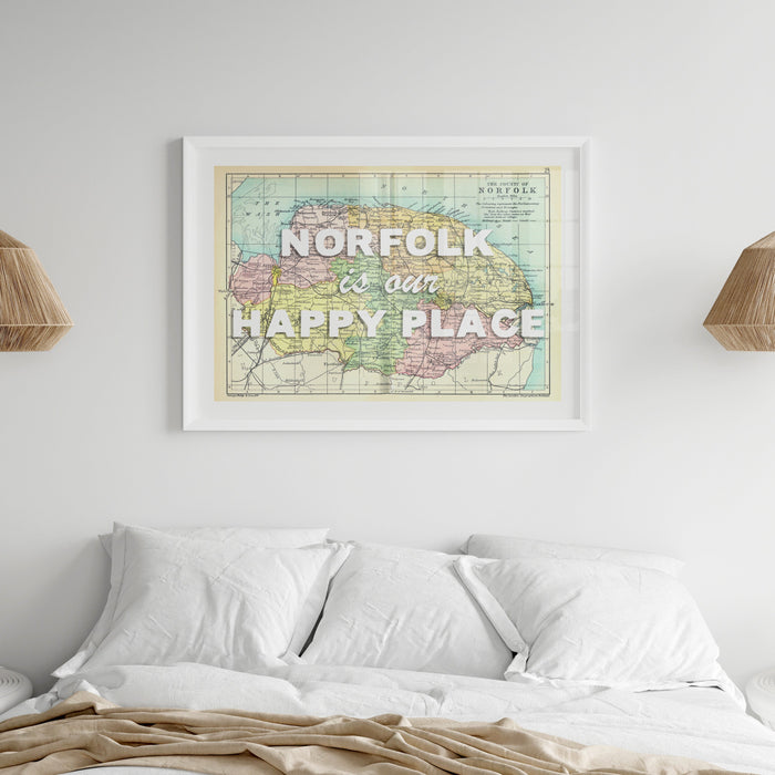 Custom map print of Norfolk. Norfolk is our happy place map print on wall above bed.