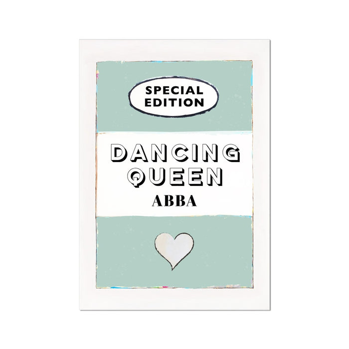 A vintage style book cover art print with 'Dancing Queen' by ABBA titled, predominantly in green color, unframed.