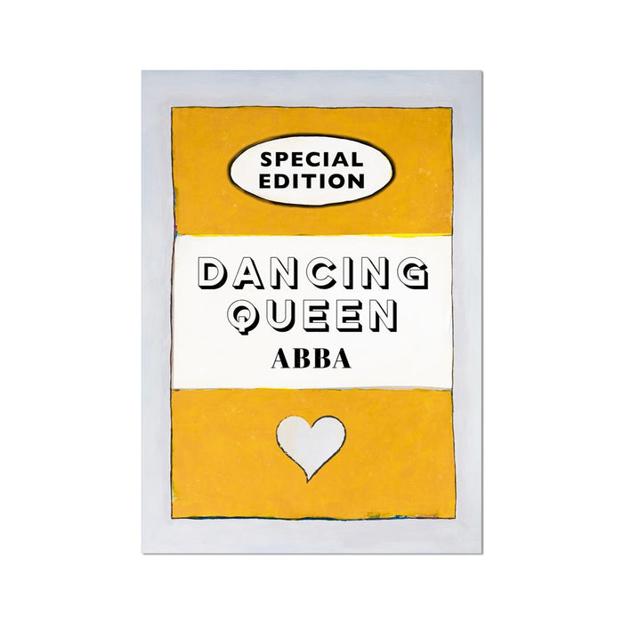 A print of a vintage book cover with the title 'Dancing Queen' by ABBA, predominantly yellow with black text, displayed on a white background.