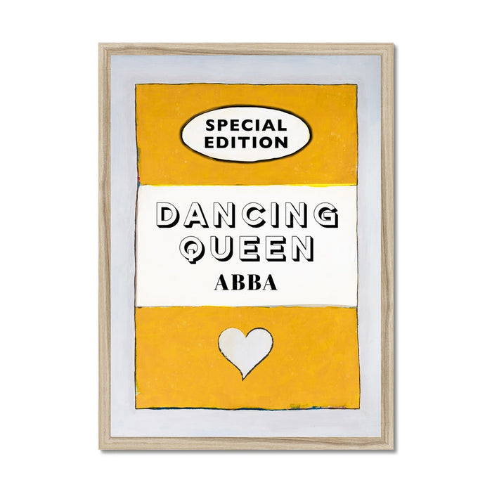 A print of a vintage book cover with the title 'Dancing Queen' by ABBA, predominantly yellow with black text.
