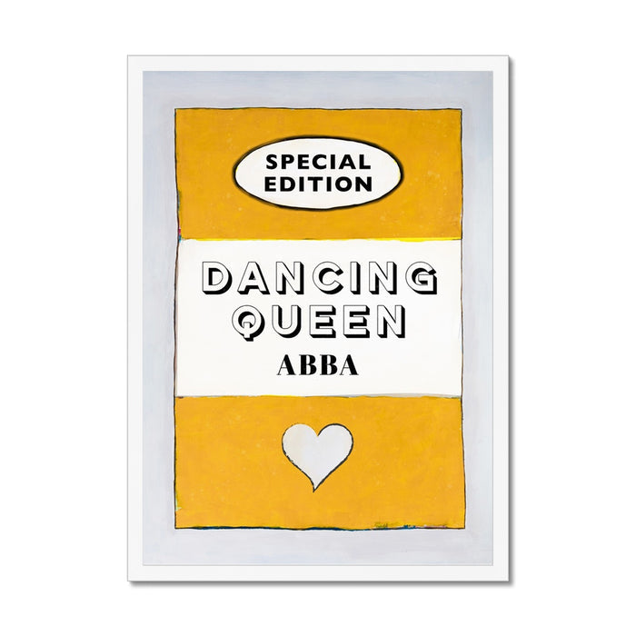 A print of a vintage book cover with the title 'Dancing Queen' by ABBA, predominantly yellow with black text