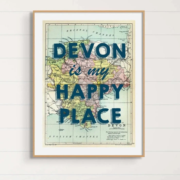 Devon is my Happy Place (Devon Map Print) Vintage Devon Map Art - Framed - Beach House Art