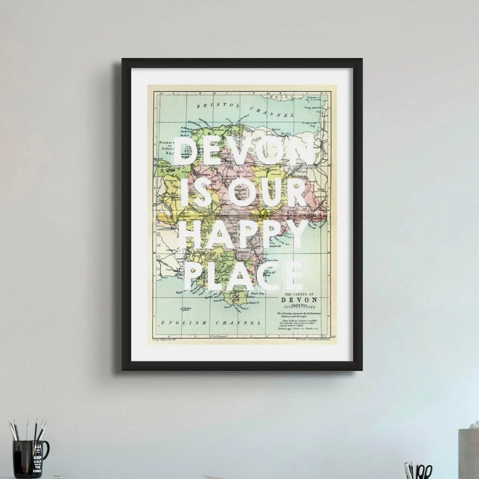 Devon is our Happy Place (Devon Map) Vintage Map Art - Framed - Beach House Art