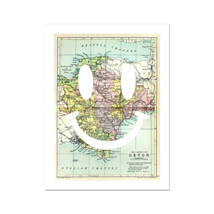 Devon Makes Me Happy White (Devon Map) Vintage Map Art - Unframed - Beach House Art