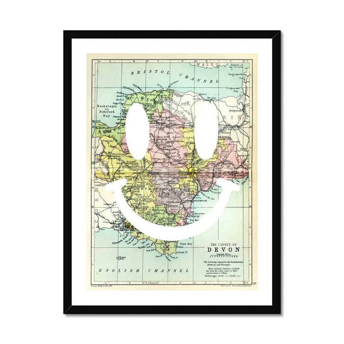 Devon Makes Me Happy White (Devon Map) Vintage Map Art - Framed - Beach House Art