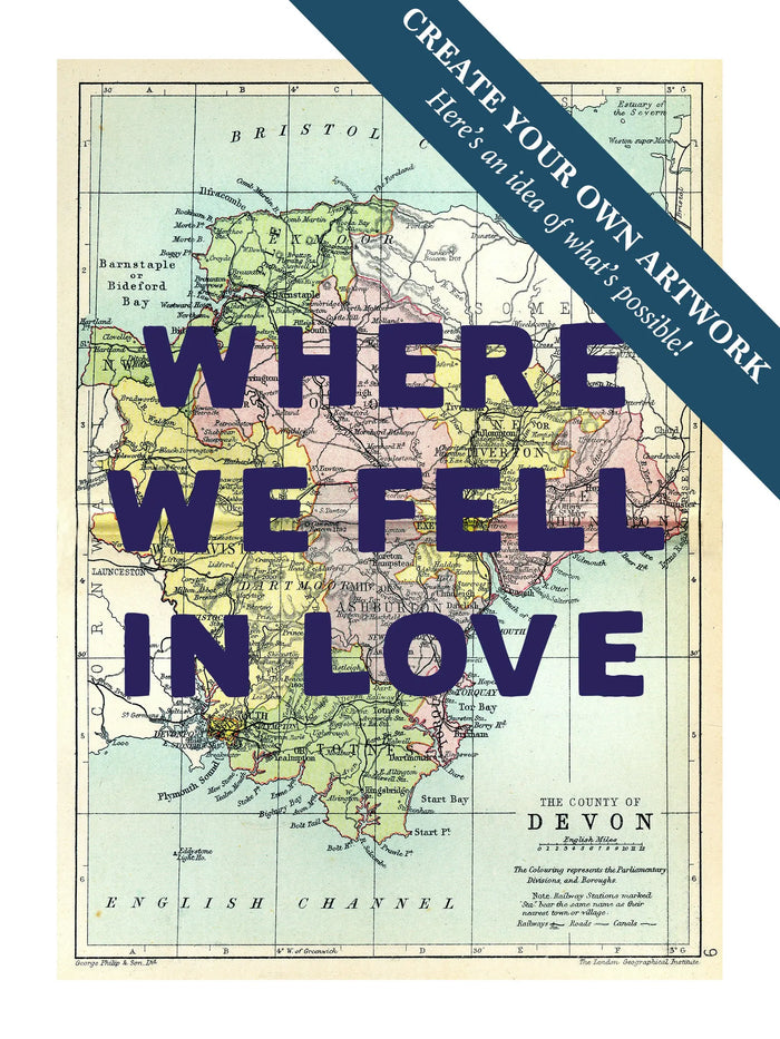 Custom map print Devon | Personalised Map Print | Map Prints with custom navy wording - Framed wall art