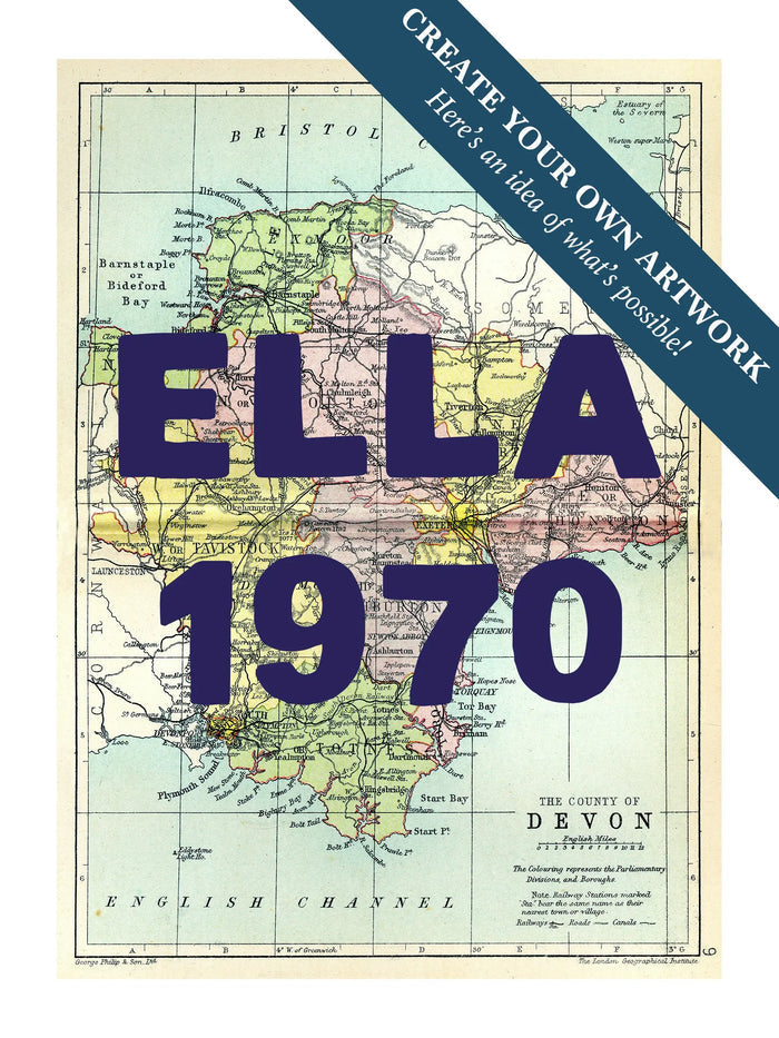 Custom map print Devon | Personalised Map Print | Map Prints with custom navy wording - Framed wall art