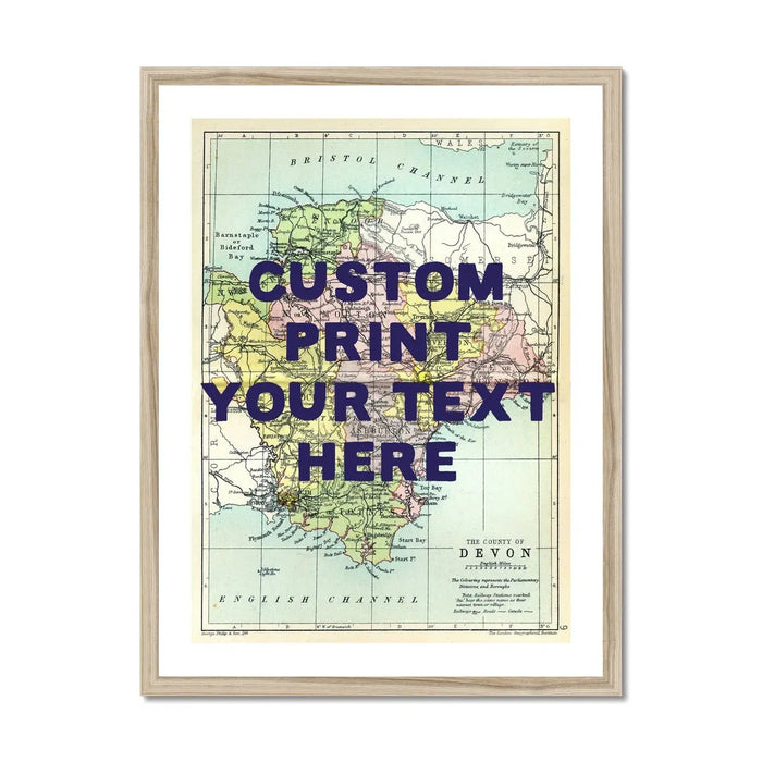 Custom map print Devon | Personalised Map Print | Map Prints with custom navy wording - Framed wall art