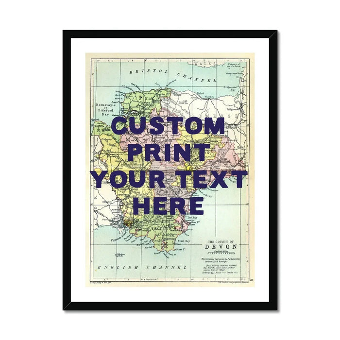 Custom map print Devon | Personalised Map Print | Map Prints with custom navy wording - Framed wall art