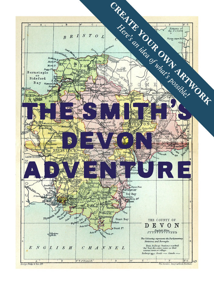 Custom Map print of Devon | Personalised Map Print | Map Prints with custom navy text - Unframed wall art