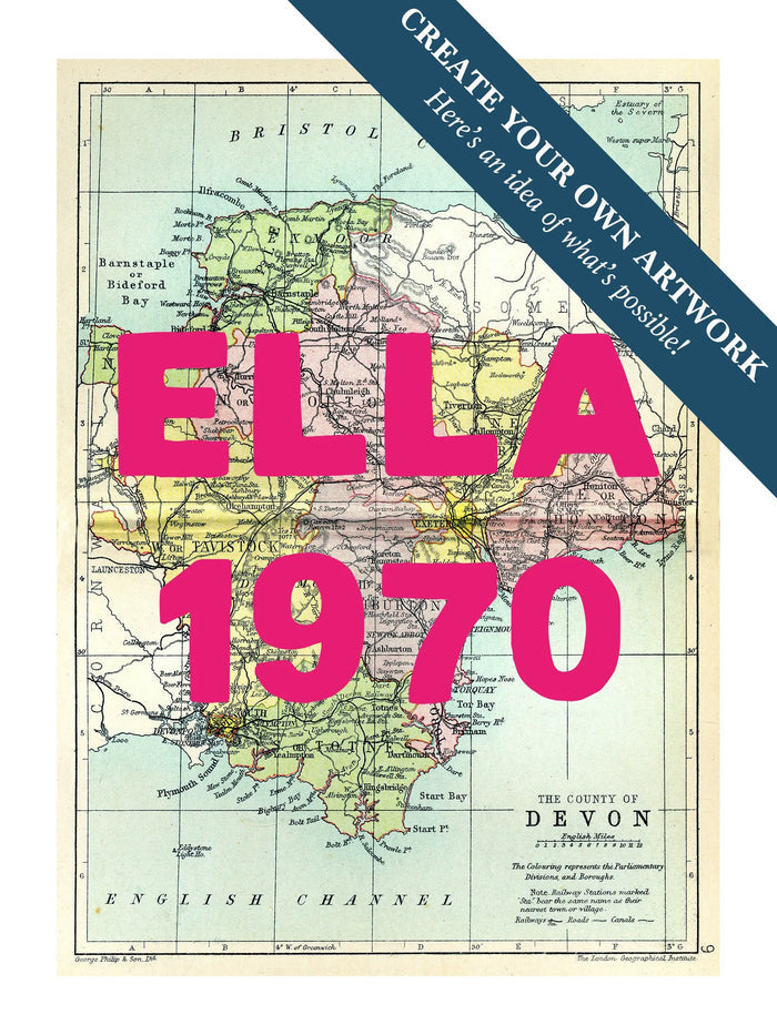 Custom map print of Devon | Personalised Map Print | Map prints with pink text - Framed wall art