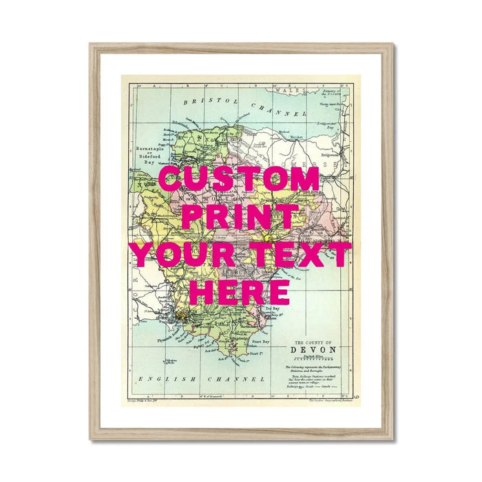 Custom map print of Devon | Personalised Map Print | Map prints with pink text - Framed wall art