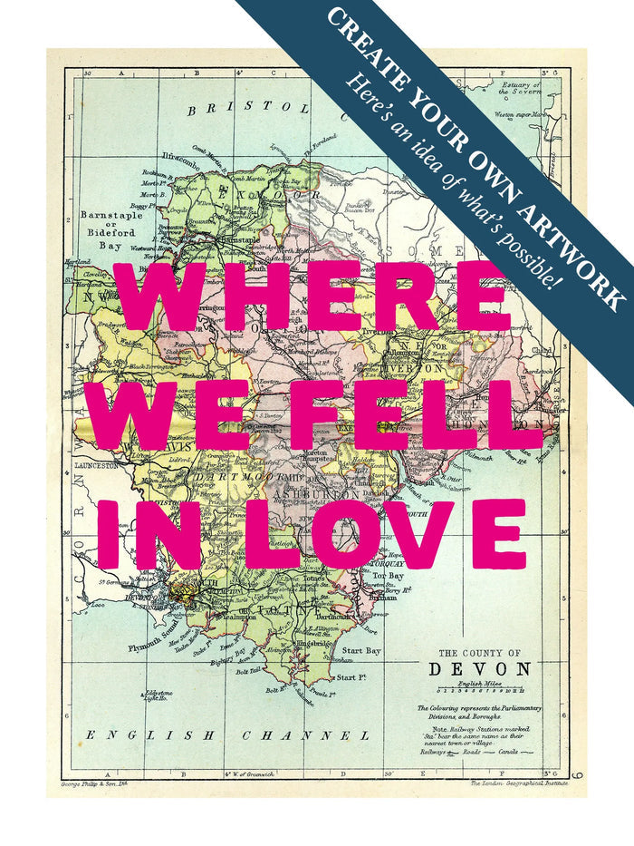 Map print of Devon | Personalised Map Print | Map prints of Devon with pink custom wording - Unframed wall art