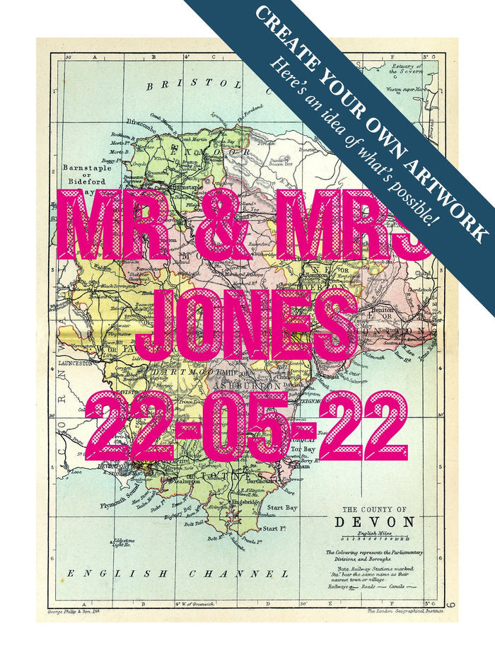 Map print of Devon | Personalised Map Print | Map Print with custom wording - Unframed wall art