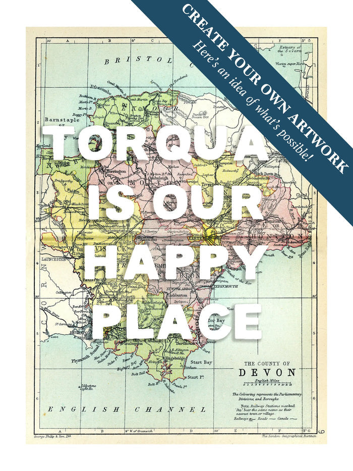 Custom Map print of Devon | Personalised Map Print | Map Prints with white font - Framed Wall Art
