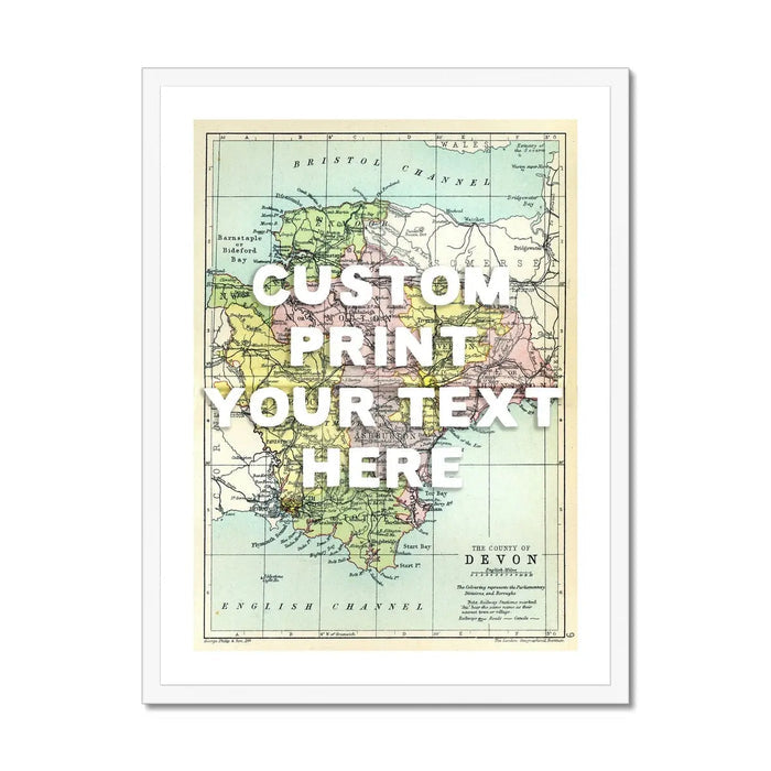 Custom Map print of Devon | Personalised Map Print | Map Prints with white font - Framed Wall Art