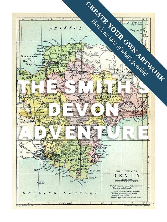Custom map print of Devon | Personalised Map Print | Map prints with white font - Unframed wall art