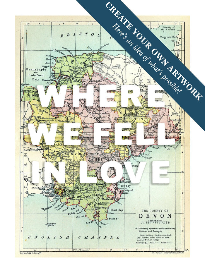 Custom map print of Devon | Personalised Map Print | Map prints with white font - Unframed wall art