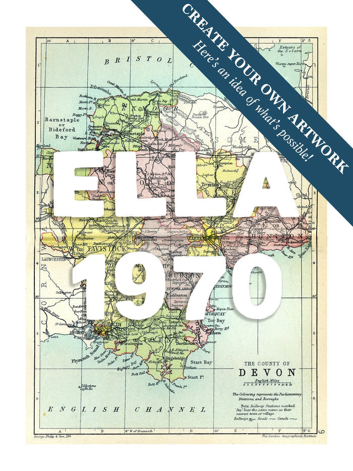 Custom map print of Devon | Personalised Map Print | Map prints with white font - Unframed wall art