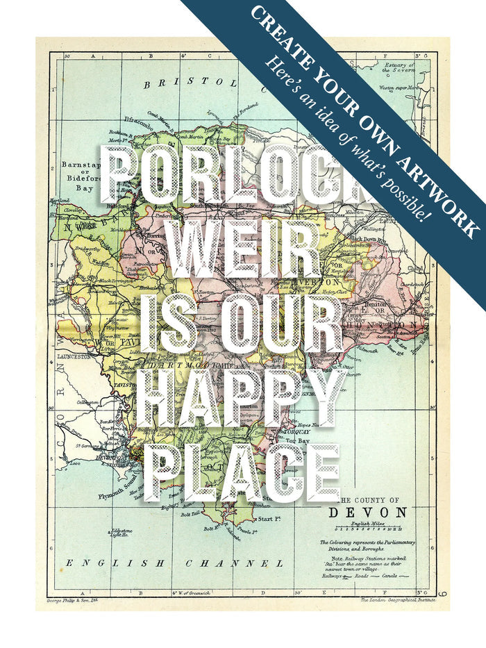 Map print of Devon with custom White text | Personalised Map Print - Framed map prints wall art
