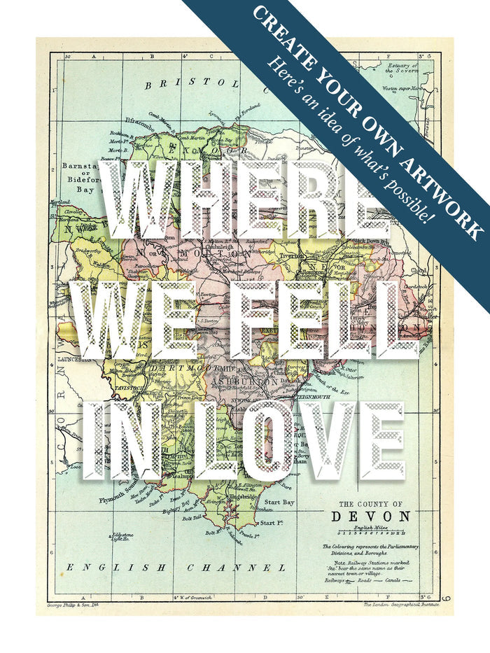 Map print of Devon with custom White text | Personalised Map Print - Framed map prints wall art