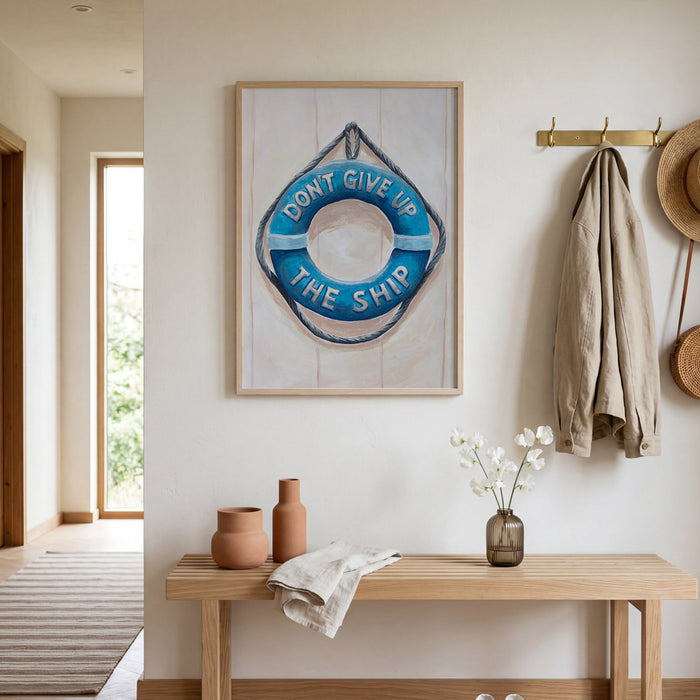 Coastal wall art in a nautical-themed room with a bench, shoes, and decorative items.