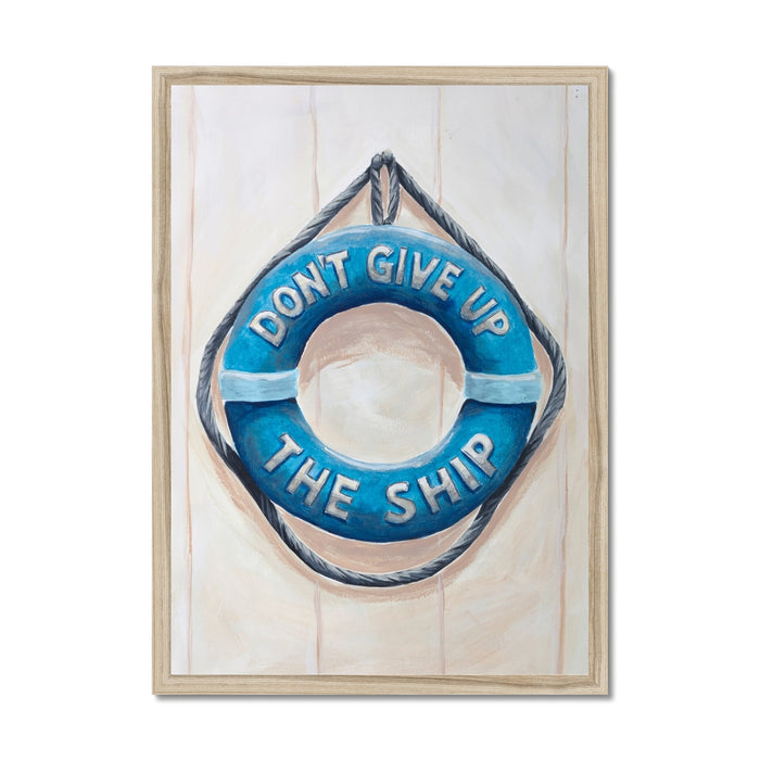 Framed artwork of a blue life buoy with 'Don't Give Up The Ship' text on a light wooden frame.
