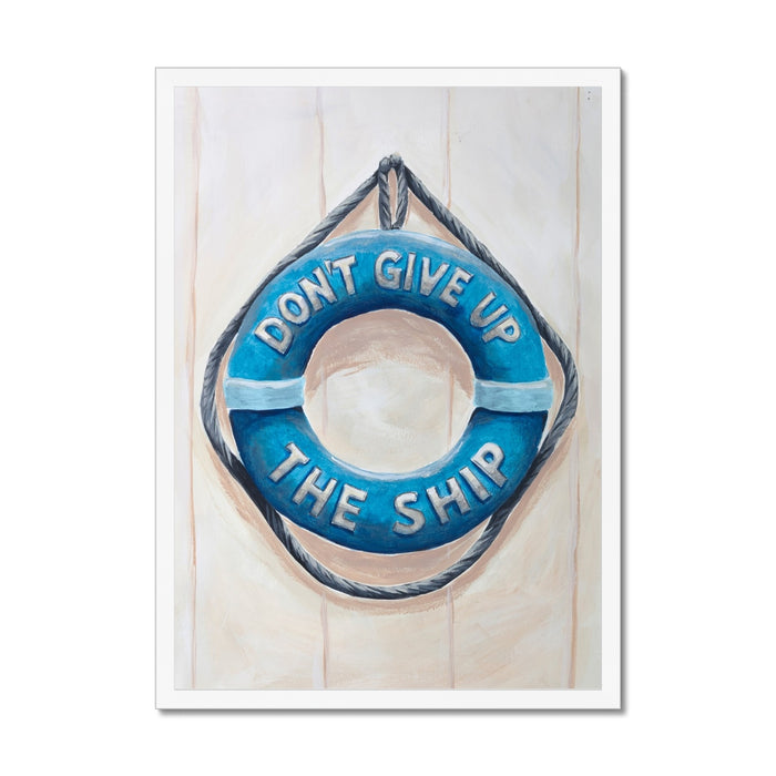 Blue life buoy with 'Don't Give Up The Ship' text on a wooden background
