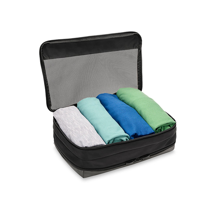 Briggs & Riley double sided packing travel cube in black, showcasing compartments for organized travel accessories.
