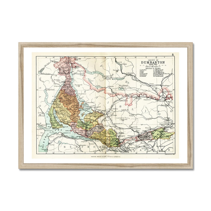 Framed vintage map print of Dumbarton and Loch Lomond with a simple wooden frame.