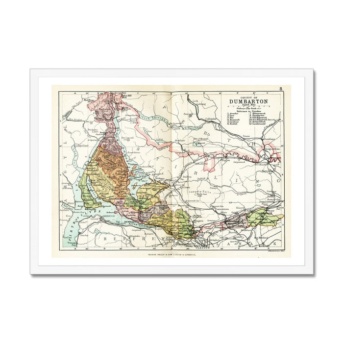 Framed vintage map print of Dumbarton and Loch Lomond with a simple white frame.