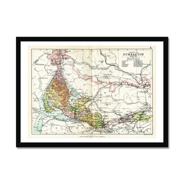 Framed vintage map print of Dumbarton and Loch Lomond with a simple black frame.
