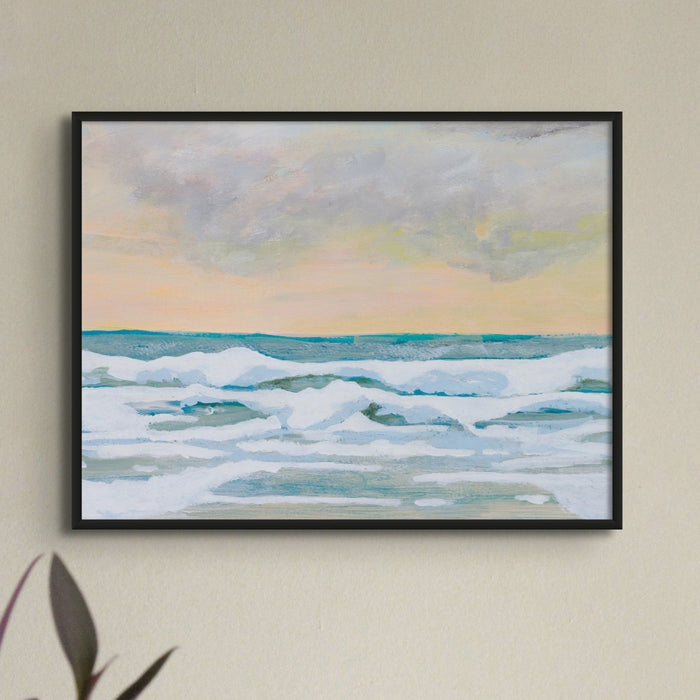 Coastal seascape print showing rolling waves and soft sunset sky in muted tones