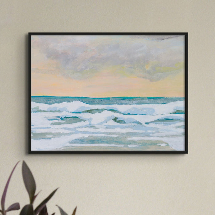 Coastal seascape print showing rolling waves and soft sunset sky in muted tones