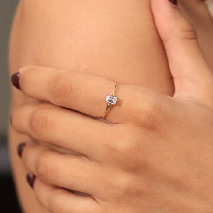 Emerald Cut Split Shank Ring | Earthly Jewels | Model image