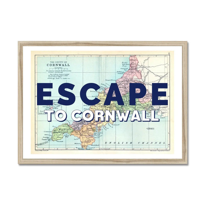 Framed vintage map art print with the text 'ESCAPE TO CORNWALL' overlayed on a map background, in a simple clean line frame.