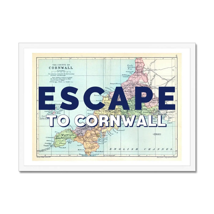 Escape to Cornwall Art Print | Cornwall Map Print | Vintage Map Art - Framed Wall Art