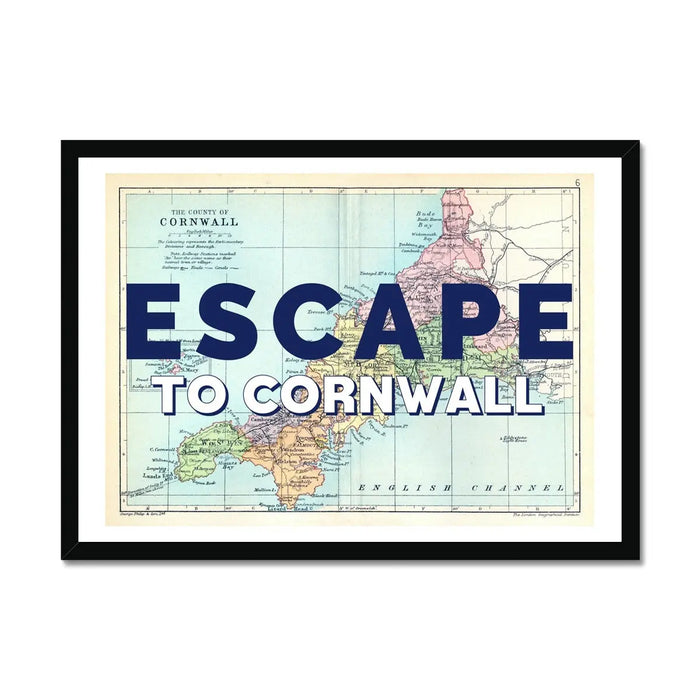 Escape to Cornwall Art Print | Cornwall Map Print | Vintage Map Art - Framed Wall Art