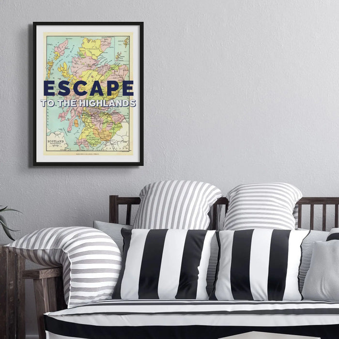 Escape to the Highlands (Scotland Map) Vintage Map Art - Framed - Beach House Art