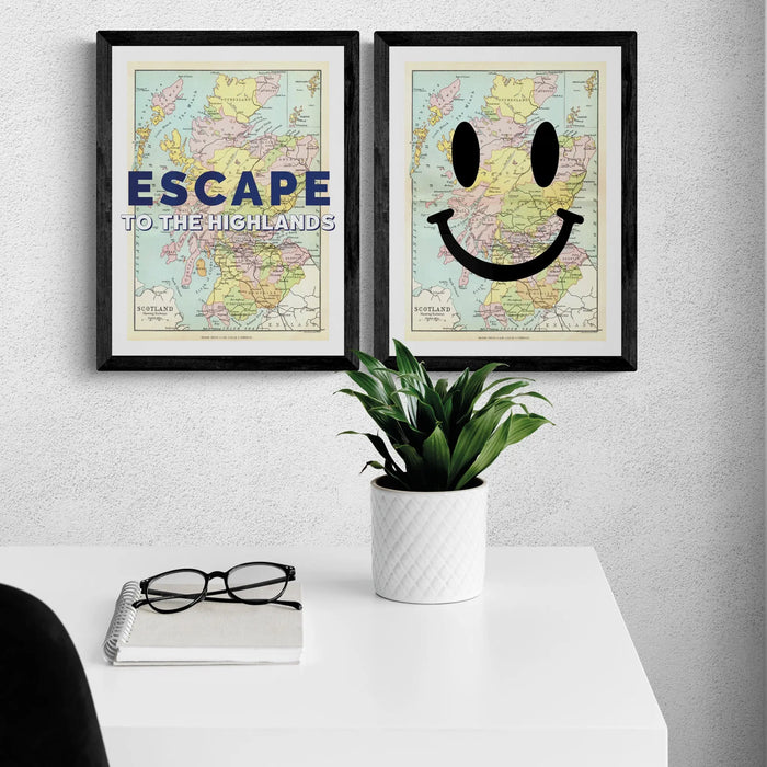 Escape to the Highlands (Scotland Map) Vintage Map Art - Framed Posters, Prints, & Visual Artwork 45.00 Beach House Art