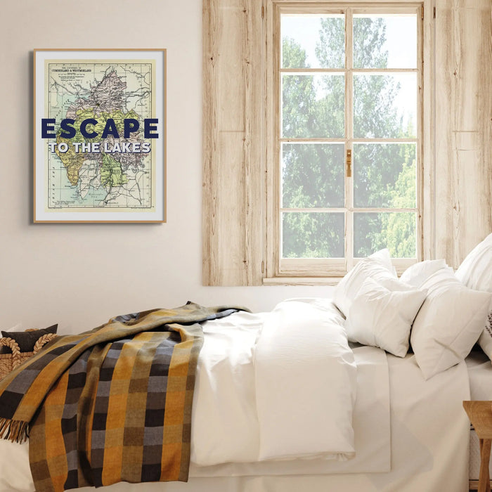 Escape to The Lakes (Lake District Map) Vintage Map Art - Framed - Beach House Art